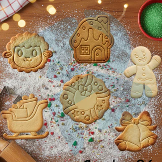Kit de 6 peças: cortadores e marcadores de biscoitos temática natalina - Papai Noel, Árvore de Natal, Ovelha, Guirlanda