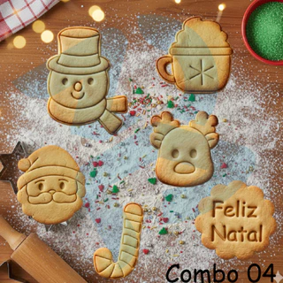 Kit de 6 peças: cortadores e marcadores de biscoitos temática natalina - Papai Noel, Árvore de Natal, Floco de Neve