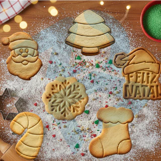Kit de 6 peças: cortadores e marcadores de biscoitos temática natalina - Papai Noel, Árvore de Natal, Rena, Boneco de Neve
